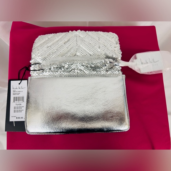 Nicole Miller - Small Silver Sequin Bag Adjustable Silver Shoulder Chain MSRP$50 - Picture 3 of 8